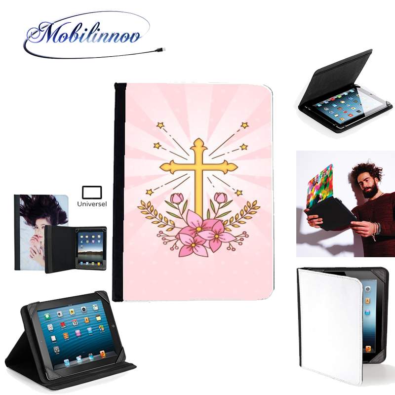 Étui Universel Tablette pour Croix avec fleurs  - Cadeau invité pour communion d'une fille