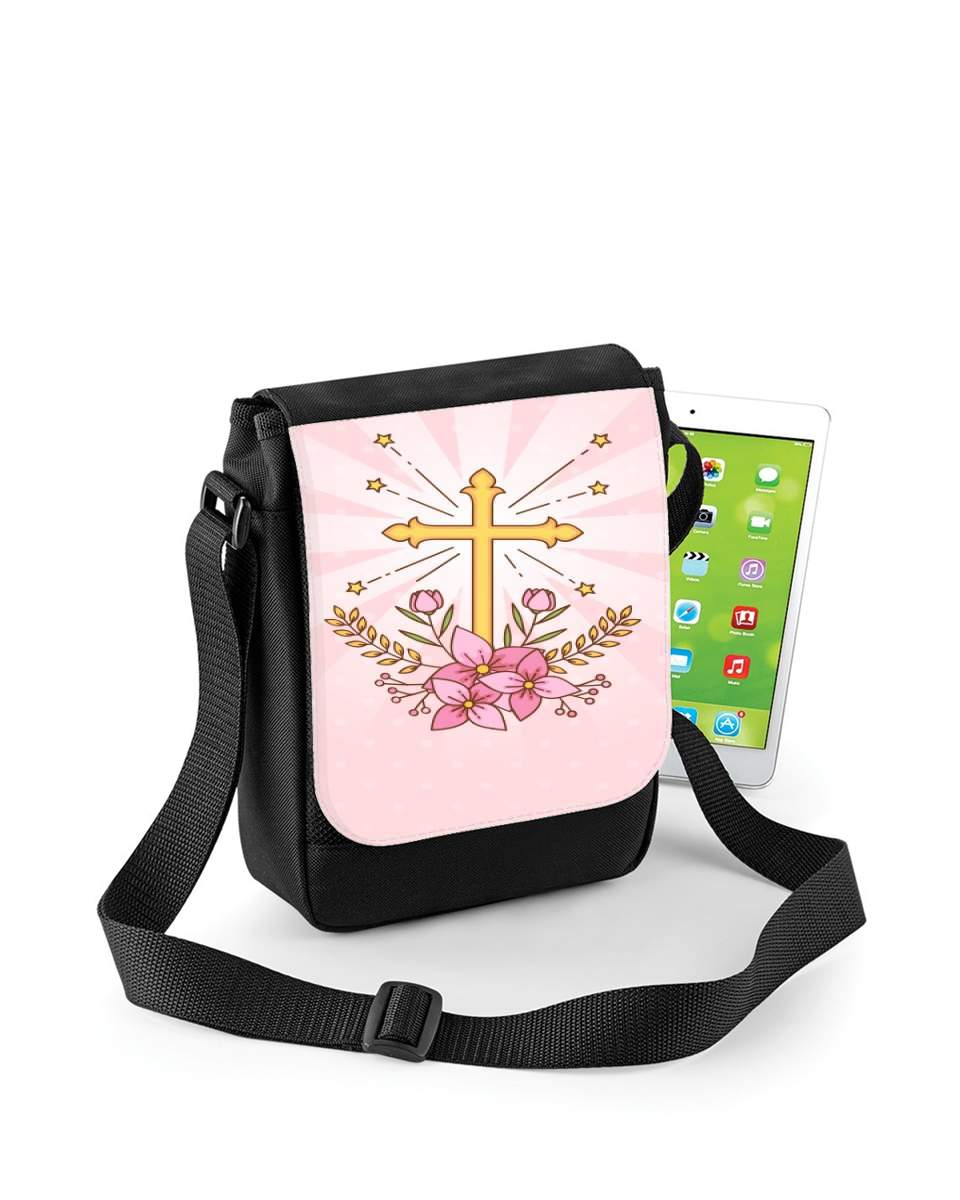 Mini Sac - Pochette unisexe pour Croix avec fleurs  - Cadeau invité pour communion d'une fille